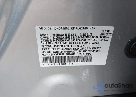 2020 Honda Pilot Awd Ex z USA, uszkodzony, nr VIN 5FNYF6H32LB034613